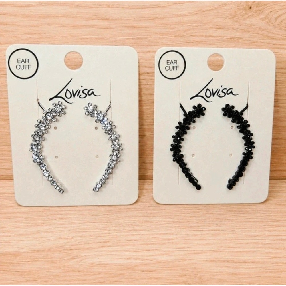 Lovisa Ear Cuff Earring Set Silver Black Rhinestone Floral Climber Crawlers 2pk